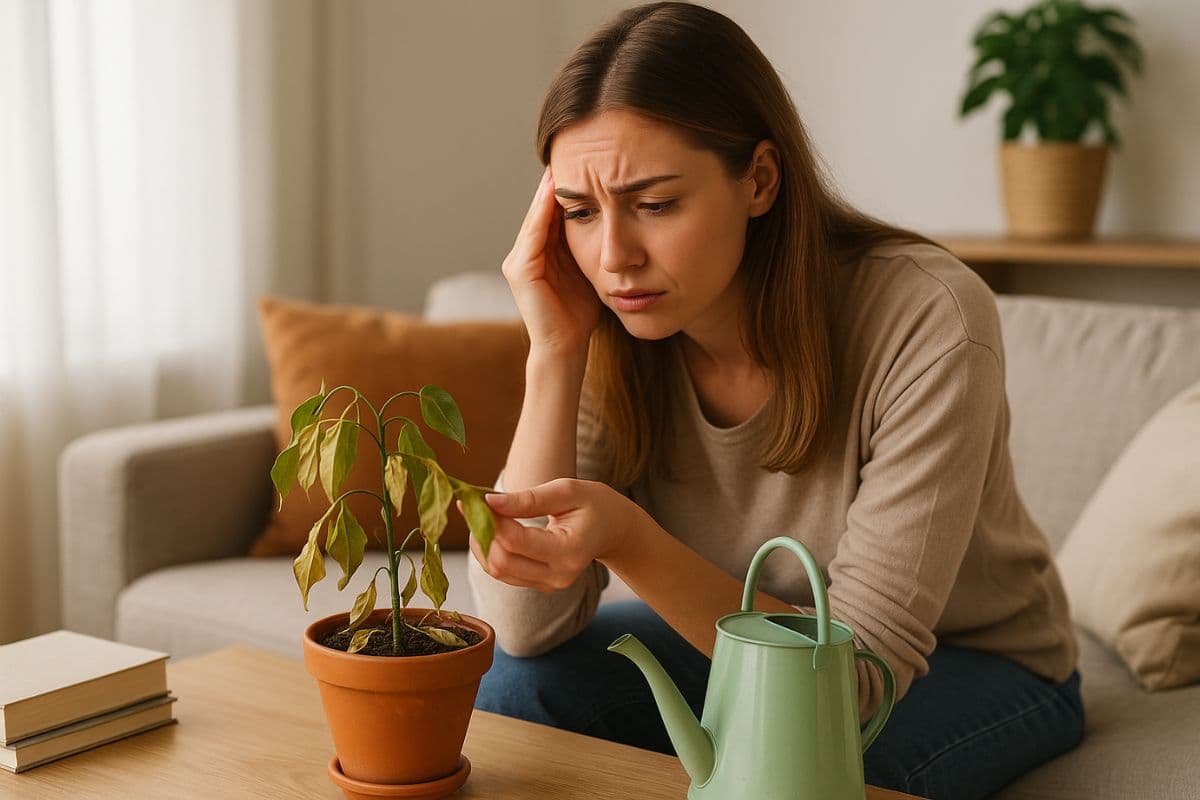 Mulher observa planta de interior com folhas amareladas, sentada em sala iluminada, com expressão preocupada e regador próximo.
