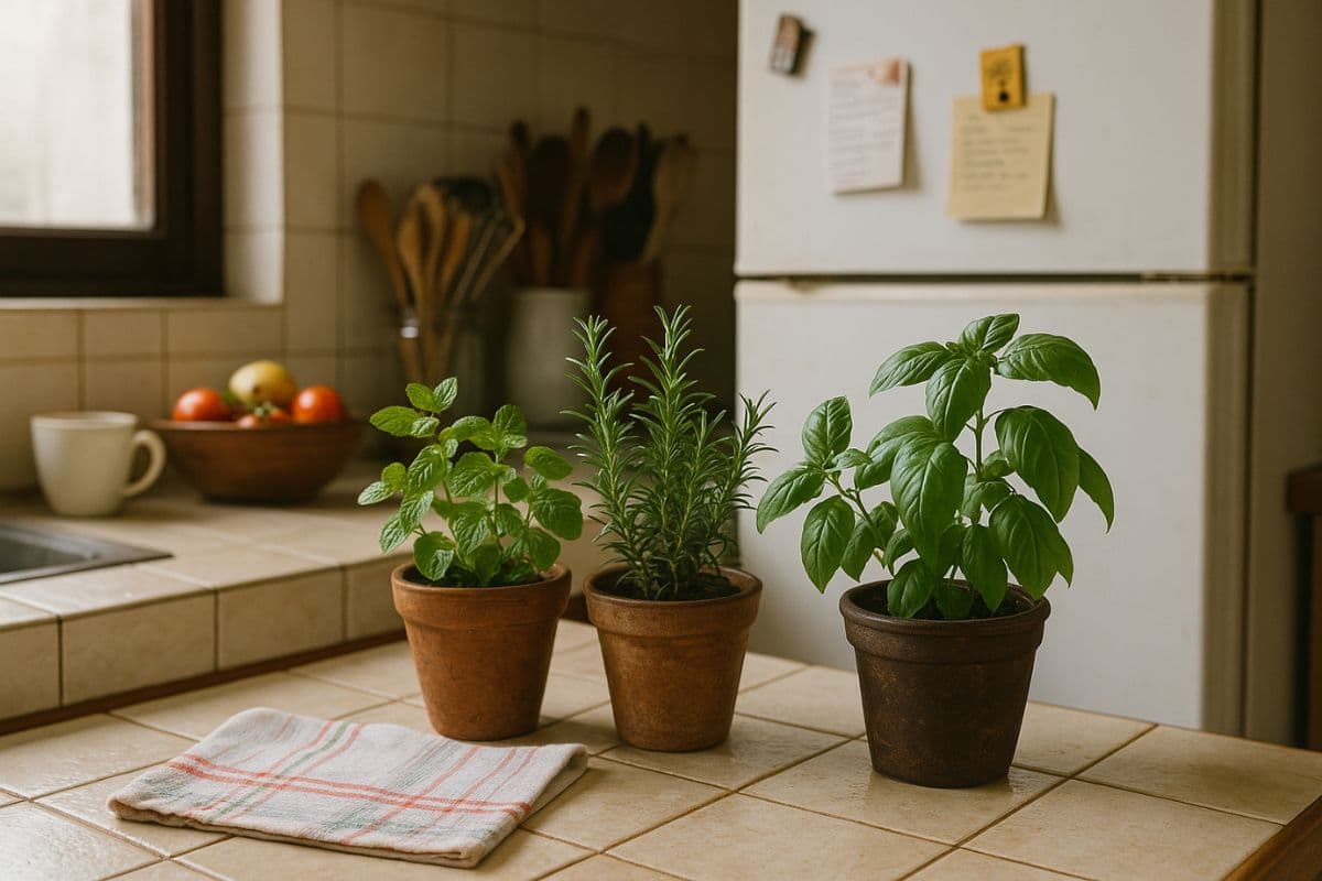 Cozinha brasileira com três vasos de ervas (hortelã, alecrim e manjericão) sobre bancada de azulejos, com geladeira ao fundo, indicando purificação de ar e eliminação de cheiro.