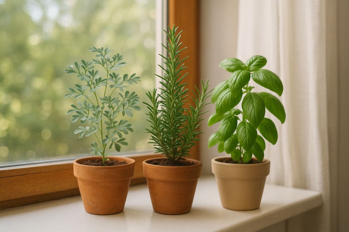 Três vasos com arruda, alecrim e manjericão sobre uma janela com luz natural, simbolizando proteção espiritual e decoração natural. Select 81 more words to run Humanizer.