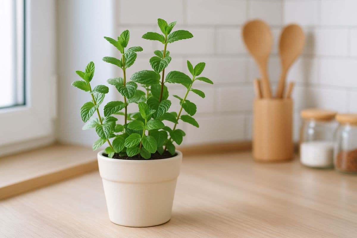 Hortelã fresca em vaso branco sobre bancada de cozinha clara, com potes e colheres ao fundo, ilustrando um repelente natural contra moscas.