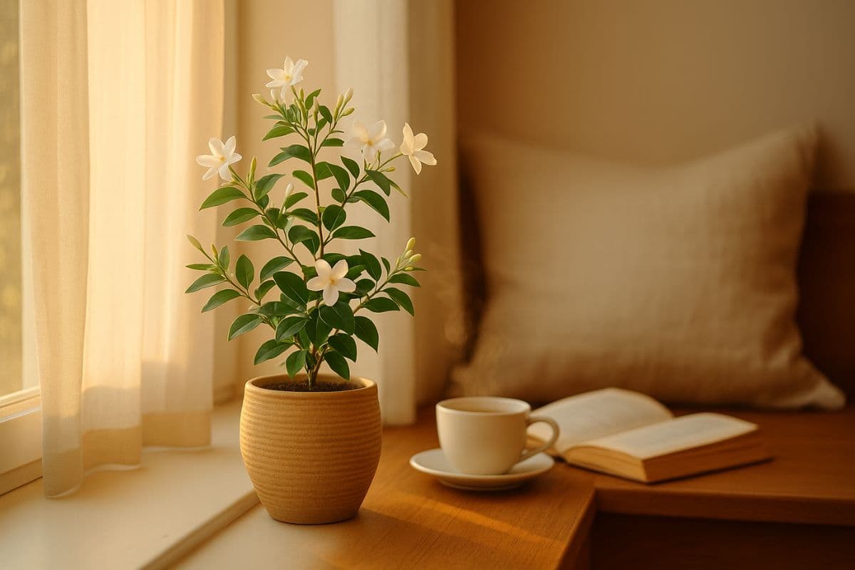 Vaso com jasmim florido em janela iluminada, com chá e livro ao fundo
