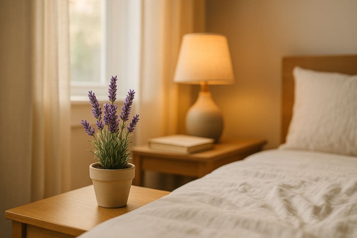 Vaso de lavanda sobre criado-mudo com cama e abajur ao fundo