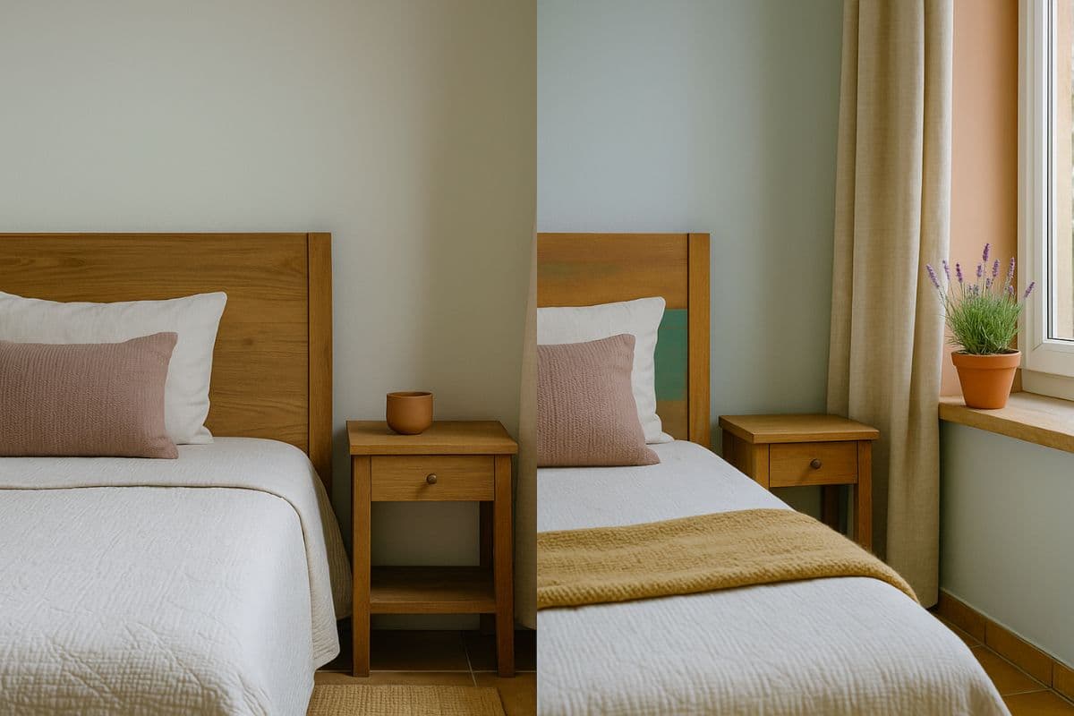 Antes e depois de quarto brasileiro: do lado esquerdo ambiente neutro sem plantas; do lado direito, o mesmo espaço com vaso de lavanda na janela, manta mostarda e toque de terracota na parede, transmitindo calma e acolhimento.