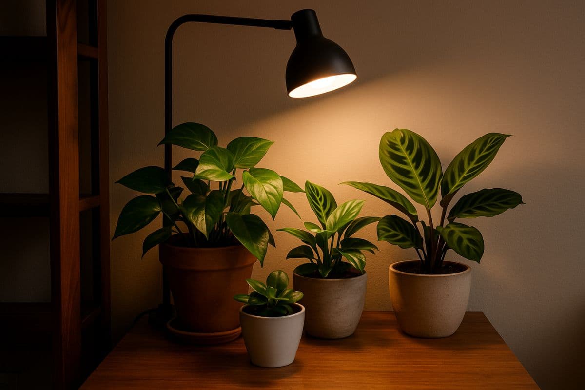 Luminária de LED iluminando plantas verdes em vasos, ilustrando como a luz de LED funciona no cultivo de plantas em ambientes internos.