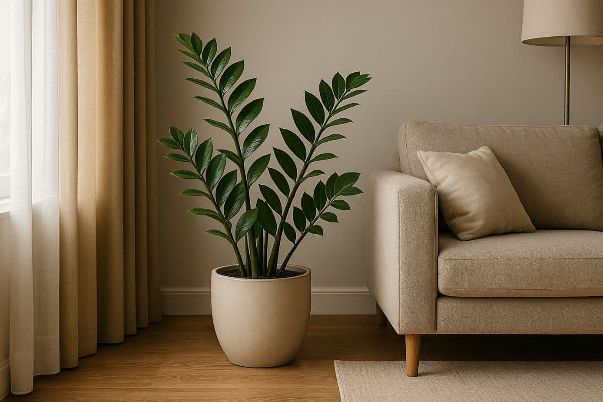 Zamioculca em vaso claro posicionada ao lado de uma janela com cortina leve, em uma sala com sofá bege, piso de madeira e iluminação natural suave. A planta se destaca com folhas verdes brilhantes.
