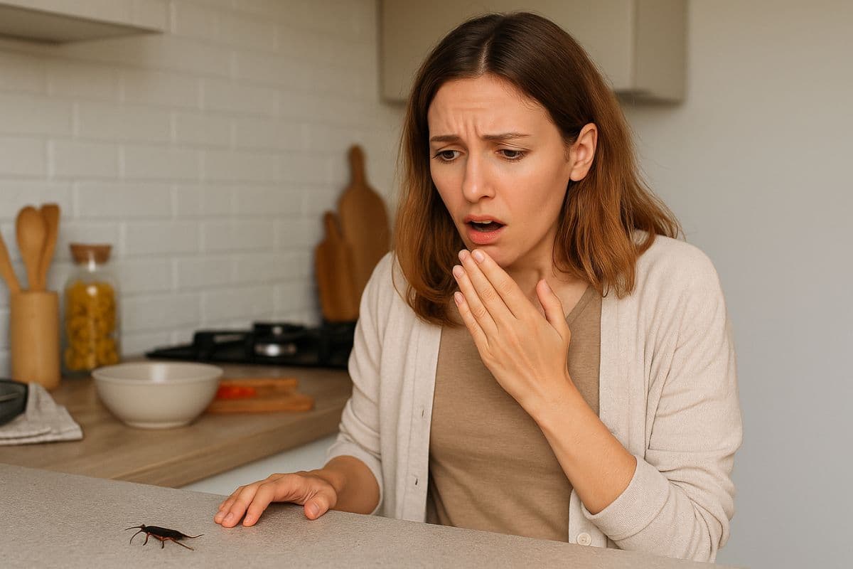 Mulher assustada observa uma barata sobre a bancada da cozinha. A cena transmite surpresa e alerta em um ambiente doméstico claro e organizado.