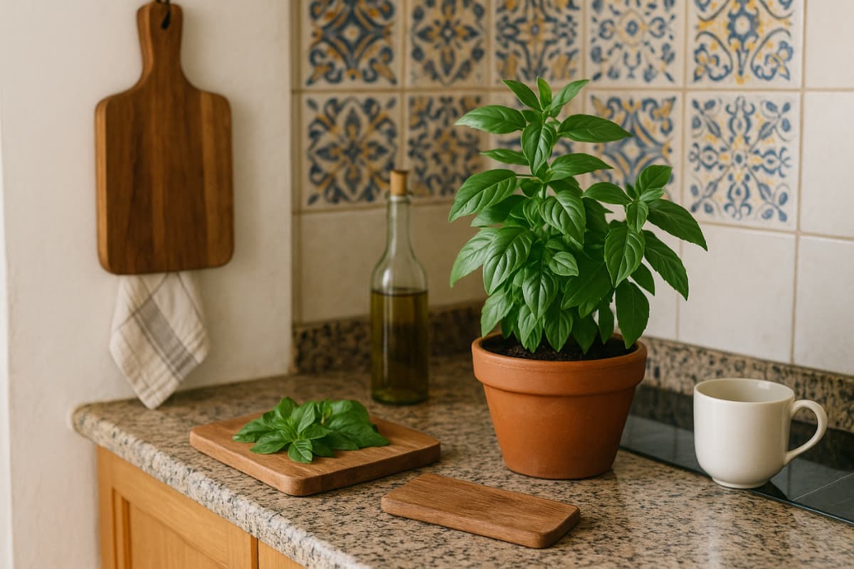 Bancada de cozinha brasileira com manjericão em vaso de terracota, azulejos decorativos, tábua de madeira com folhas de manjericão, garrafa de azeite e caneca, transmitindo frescor e proteção natural.