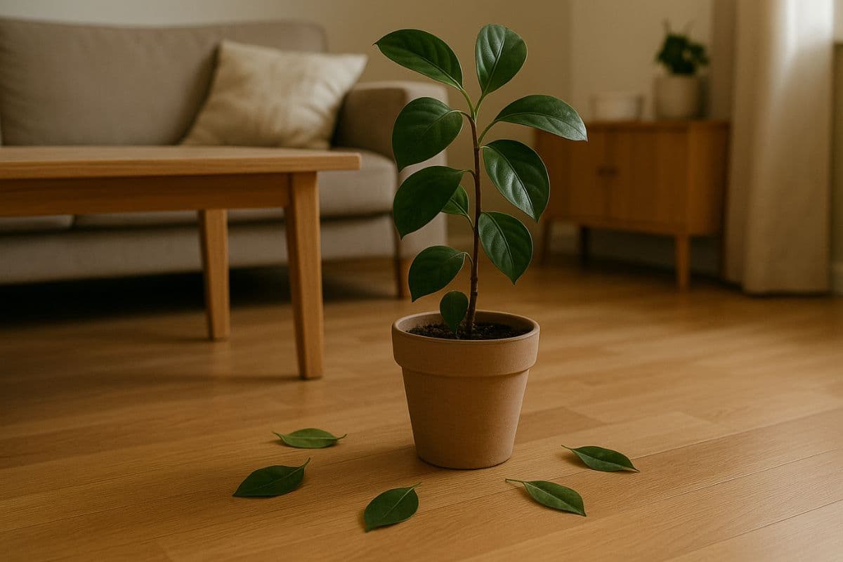 Planta de interior com folhas caídas sobre o chão de uma sala, transmitindo um cenário real de alerta para quem cultiva plantas em casa.