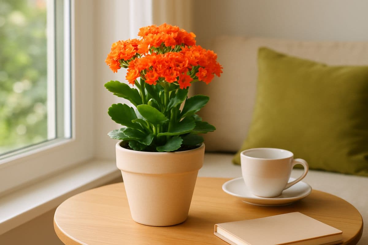 Planta simples melhora o humor: kalanchoe com flores laranjas em vaso claro, sobre mesa de madeira perto da janela.