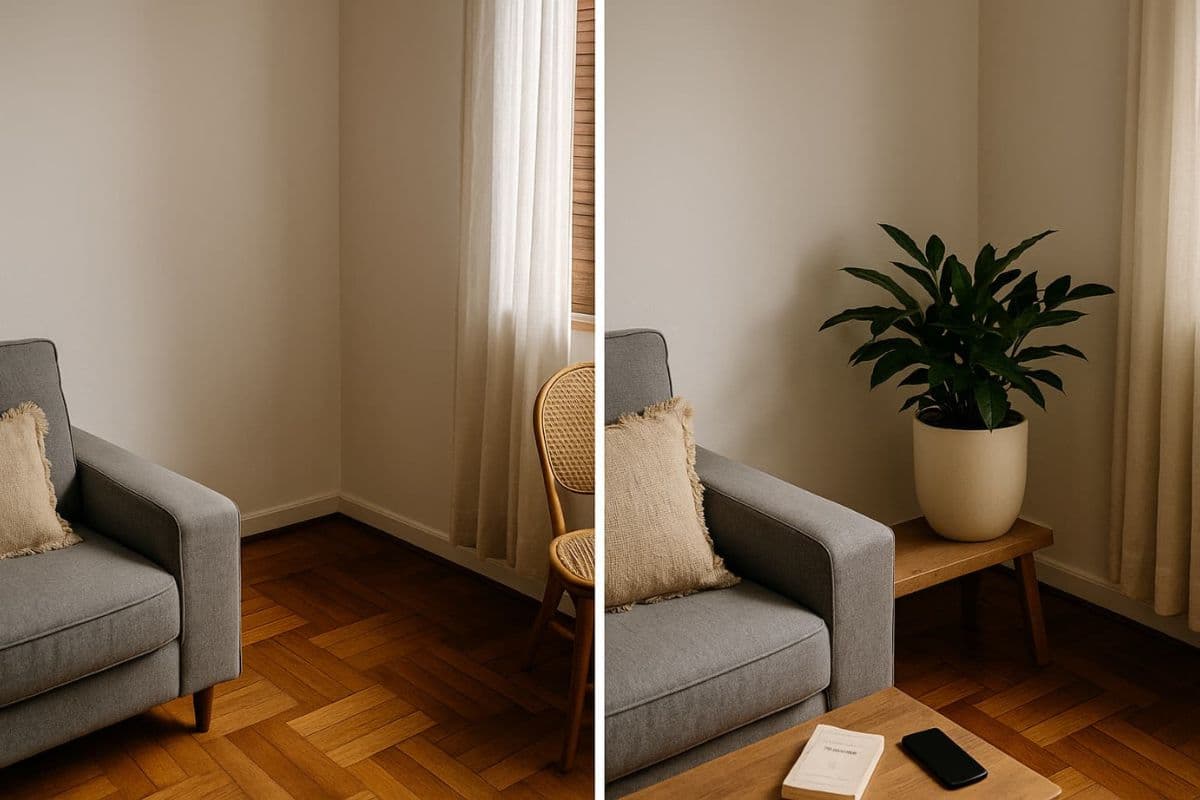 Canto escuro antes sem plantas e depois com zamioculca em vaso claro sobre banco de madeira, sofá cinza e piso de taco, transmitindo frescor e acolhimento em ambiente sem luz natural.