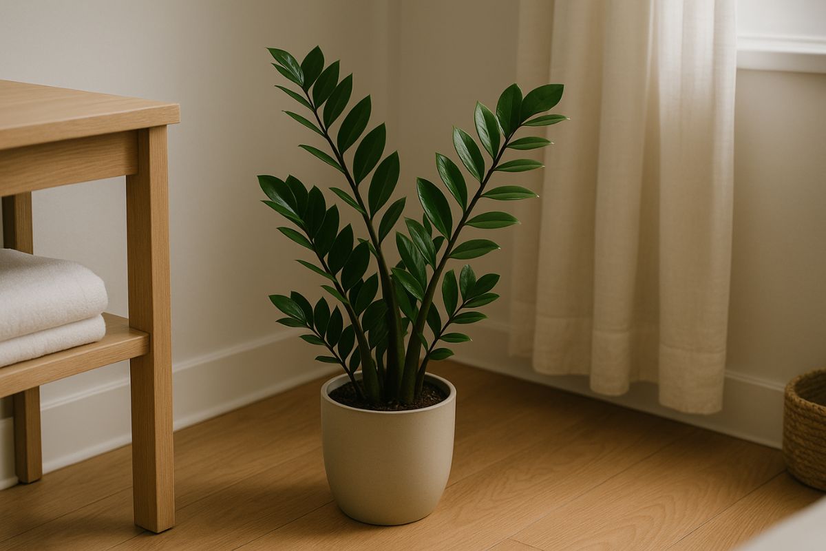 Zamioculca em vaso no canto de ambiente com luz suave e decoração neutra