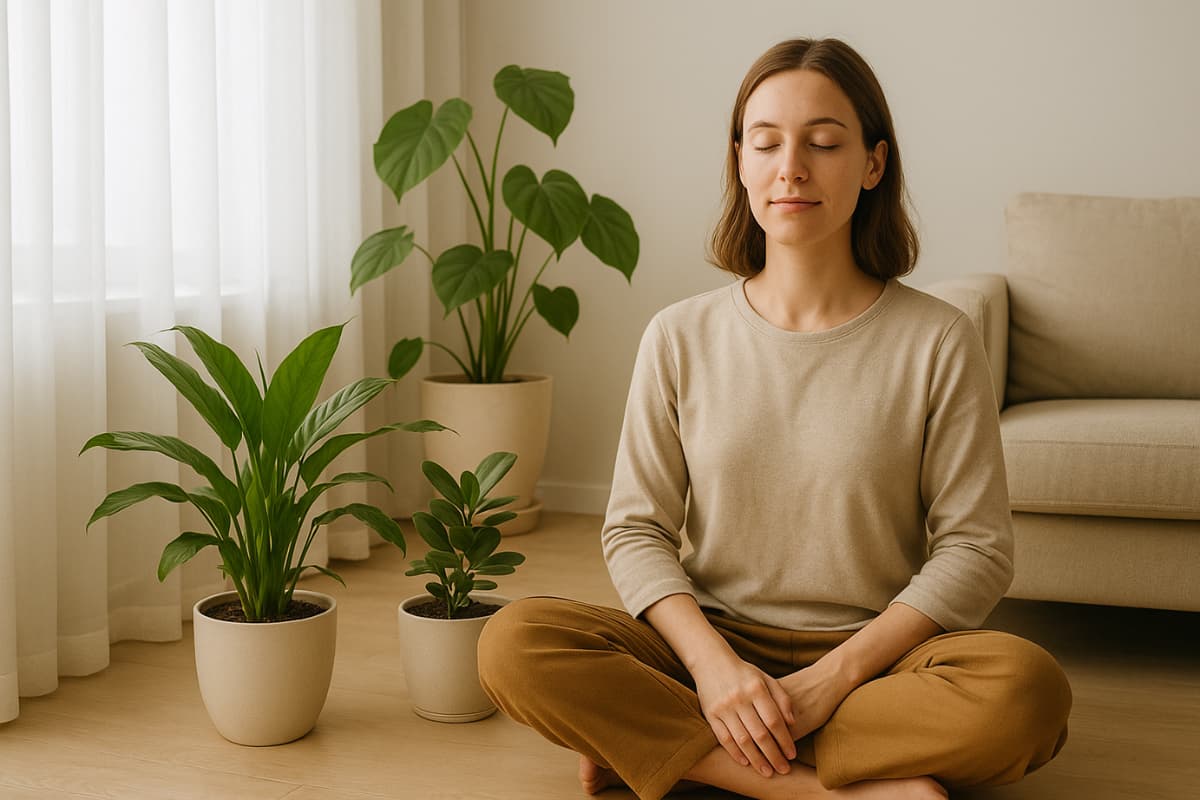 Mulher sentada em posição de meditação em uma sala clara, cercada por plantas em vasos. Ela está com os olhos fechados e expressão tranquila, em um ambiente minimalista com luz natural suave.