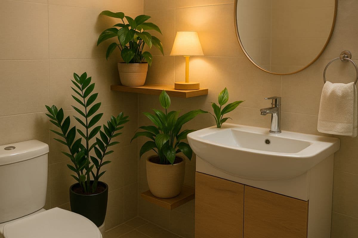 Banheiro com zamioculca, jiboia e lírio da paz, representando plantas para banheiro escuro com estilo, frescor e purificação do ar.