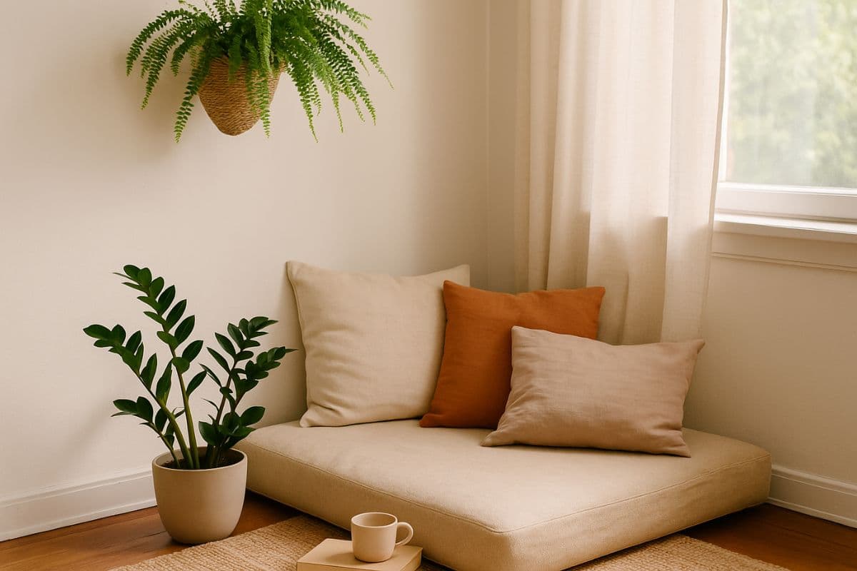 Espaço aconchegante com almofadas claras, samambaia pendente, zamioculca em vaso e luz suave entrando pela janela, compondo um refúgio natural com plantas.