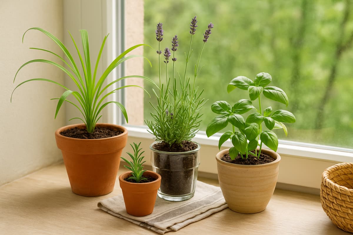 Vasos com citronela, lavanda e manjericão sobre peitoril de janela, representando plantas que espantam naturalmente e decoram o ambiente.
