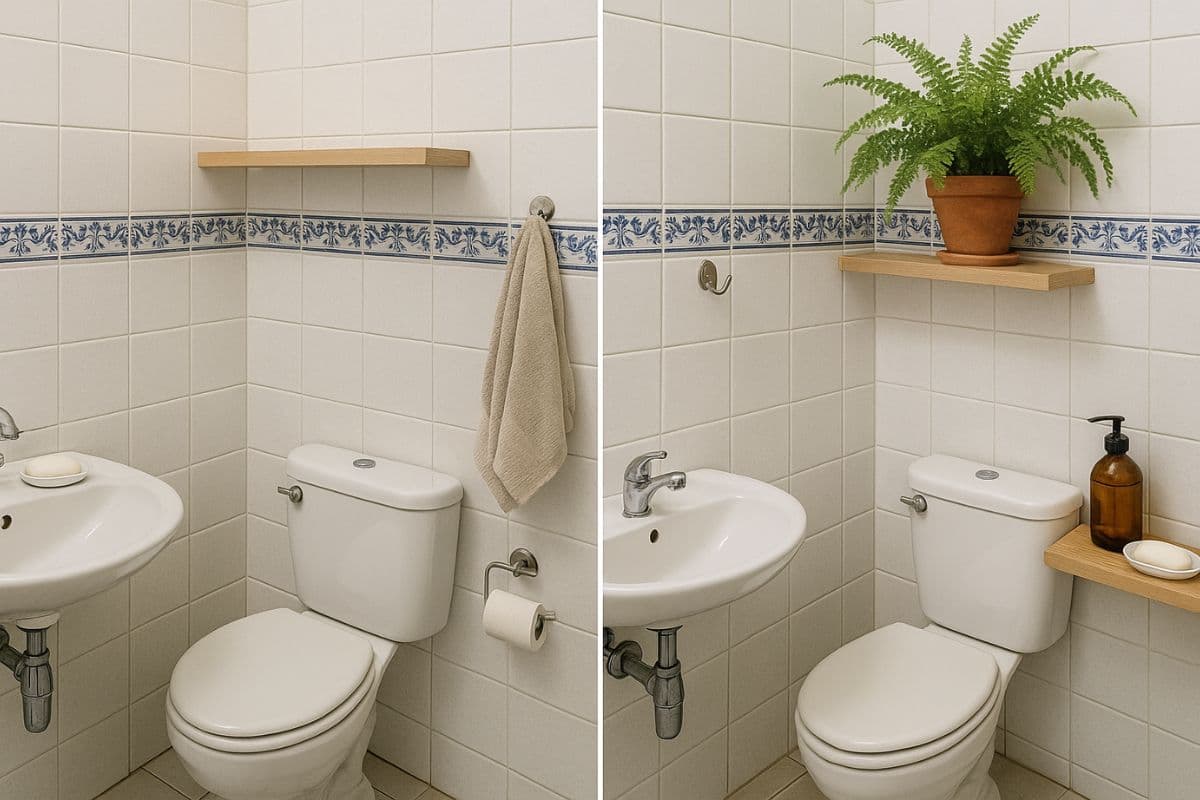 Antes e depois de banheiro sem janela: do lado esquerdo ambiente sem plantas; do lado direito, o mesmo espaço com samambaia-renda-portuguesa em vaso de terracota sobre prateleira, azulejo azul decorativo, toalha pendurada e saboneteira, trazendo frescor e brasilidade.”