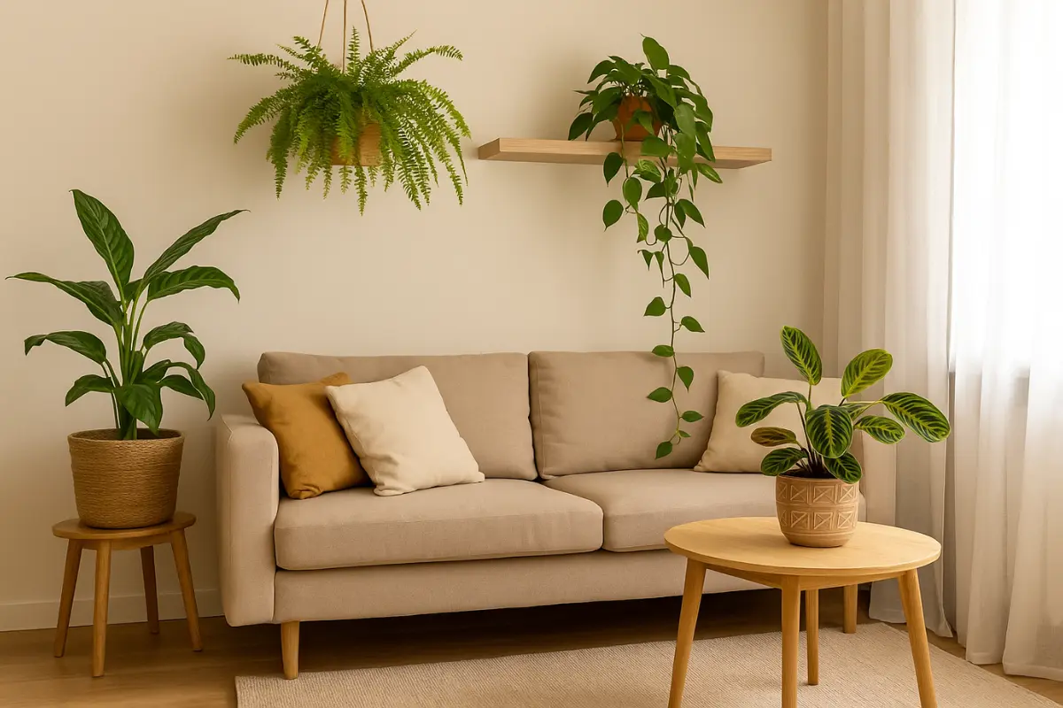 Ambiente acolhedor com plantas que trazem aconchego: samambaia, jiboia e maranta em sala com sofá, almofadas e luz natural suave.