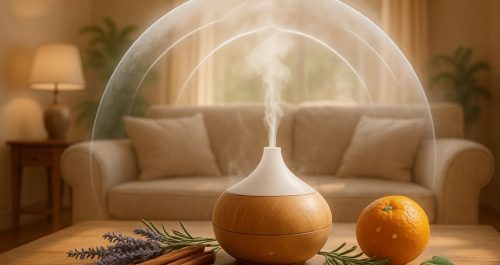 Difusor liberando aroma protetor com escudo energético em sala harmoniosa, rodeado por ervas aromáticas e óleos essenciais que purificam o ambiente segundo princípios do Feng Shui.