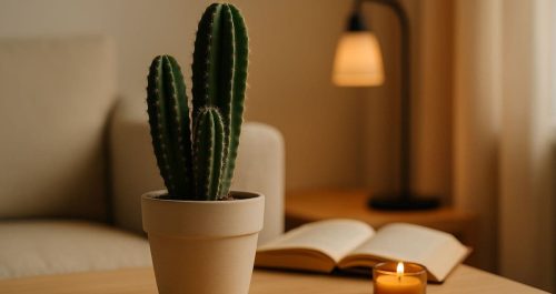 Cacto em vaso de cerâmica sobre uma mesa de madeira ao lado de um sofá claro, com um livro aberto e uma vela acesa ao fundo. A cena transmite conforto e proteção energética, representando como os cactos podem ser companheiros simbólicos e funcionais para quem vive sozinho. Ideal para conteúdos que combinam estética minimalista com espiritualidade leve e praticidade.
