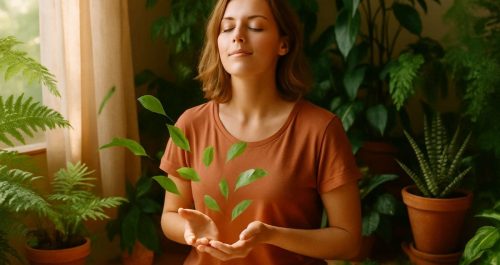 Pessoa contempla um espaço verde acolhedor dentro de casa, cercada por plantas e luz suave, transmitindo sensação de alívio e bem-estar.