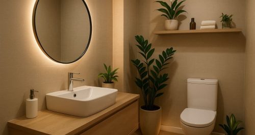 Iluminação, plantas e pequenos detalhes fazem toda a diferença em um lavabo sem janela.