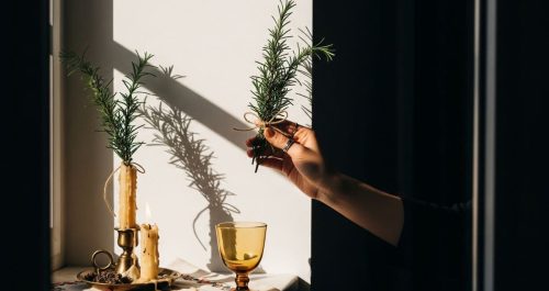 Mão feminina segura um ramo de alecrim amarrado com barbante diante de uma janela iluminada, ao lado de velas derretidas, um copo âmbar e um pano bordado. A cena evoca um ritual de proteção, com luz intensa e atmosfera simbólica.