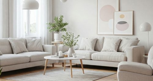 Sala de estar elegante com luz natural abundante, decoração suave e plantas genéricas ao fundo, transmitindo equilíbrio e serenidade — o ambiente ideal para descobrir onde posicionar a planta certa e atrair boas energias.
