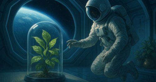 Astronauta flutua em estação espacial enquanto observa uma planta verde protegida por redoma de vidro, simbolizando estudos da NASA sobre purificação do ar.