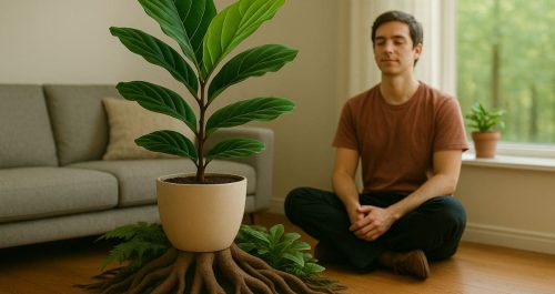 Homem medita ao lado de uma planta em vaso com raízes visíveis e fortes, simbolizando resistência e conexão com a natureza.