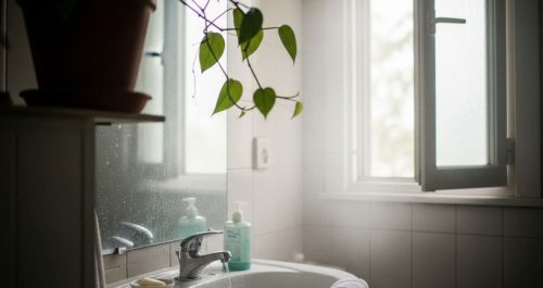 Banheiro com luz suave entrando pela janela, vapor visível no ar e folhas de planta pendente próximas ao espelho embaçado. Cena transmite sensação de frescor, umidade natural e purificação do ambiente.