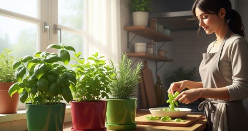 Mulher prepara um prato com folhas de manjericão fresco em uma cozinha iluminada pelo sol, ao lado de vasos com plantas aromáticas como hortelã e alecrim. Cena transmite leveza, conexão com a natureza e o uso prático das ervas no dia a dia.