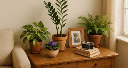 Ambiente interno aconchegante e bem iluminado, com luz natural entrando por uma janela. A cena mostra uma sala ou cantinho da casa com plantas integradas à decoração afetiva: vasos sobre móveis antigos ou prateleiras com objetos sentimentais, como porta-retratos, livros marcados e lembranças de viagem.