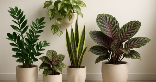 Cinco plantas resistentes para ambientes sem luz natural: zamioculca, pothos, espada-de-são-jorge, calathea e samambaia, exibindo folhagens vibrantes em vasos decorativos claros, ideais para apartamentos sem janela.