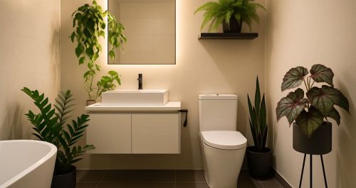 Banheiro moderno sem janela decorado com cinco plantas resistentes à baixa luminosidade: pothos pendente, samambaia, espada-de-são-jorge, begônia e zamioculca distribuídas estrategicamente em vasos elegantes, criando um ambiente fresco e acolhedor com iluminação cálida.