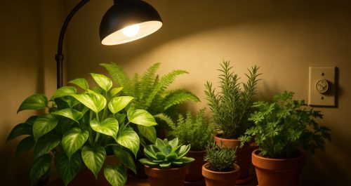 Plantas vibrantes e saudáveis crescendo sob lâmpada comum em ambiente sem janela, com pothos, samambaia, suculenta e ervas aromáticas prosperando com iluminação artificial e temporizador visível.