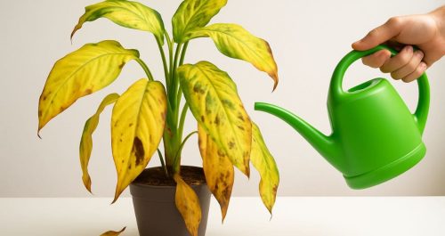 Planta com folhas amareladas e manchadas exibindo sinais claros de doença, com folhas caídas ao redor do vaso e uma mão segurando um regador verde, simbolizando a solução urgente e esperança de recuperação.