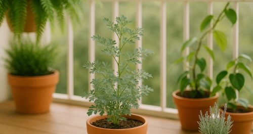 Arruda na varanda em vaso de barro, compondo um ambiente leve e natural com outras plantas decorativas.