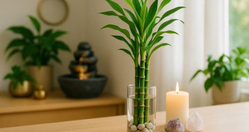 Bambu da sorte sobre aparador com vela e cristais em ambiente Feng Shui iluminado.