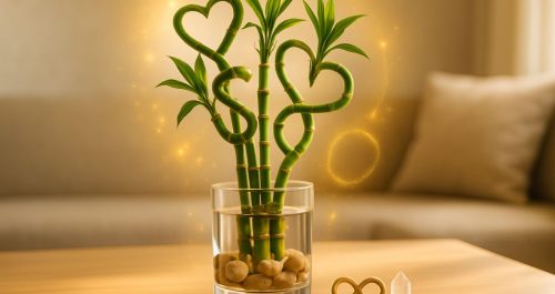 Bambu da sorte com hastes moldadas em formato de coração e espirais, emanando aura dourada em ambiente de sala, com símbolos de abundância como moedas, cristal e infinito representando seus significados no Feng Shui.