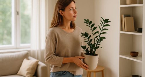 Imagem de uma mulher segurando uma zamioculca em vaso neutro, observando atentamente o ambiente à sua frente para decidir onde colocá-la. A cena transmite o momento de dúvida prática, representando os erros ao posicionar plantas segundo o Feng Shui e a busca por equilíbrio visual e fluidez no espaço. Ideal para conteúdos sobre como corrigir falhas comuns com plantas na casa de forma simples e sem misticismo.