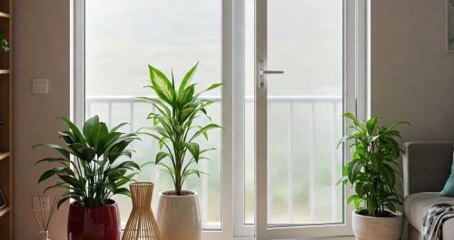 Trio de plantas em vasos de diferentes tamanhos posicionadas diante de uma porta de vidro com luz natural suave, criando um cantinho iluminado e acolhedor — energia de renovação e vida em destaque.