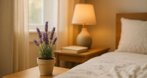 Cena serena de um quarto com vaso de lavanda sobre o criado-mudo de madeira clara. Ao fundo, uma cama com roupa de cama branca e um abajur aceso criam um ambiente de tranquilidade e leveza. A luz natural entra suavemente pela janela, realçando a lavanda como símbolo de bem-estar e alívio emocional. Ideal para ilustrar conteúdos sobre plantas calmantes e soluções naturais para ansiedade e insônia.