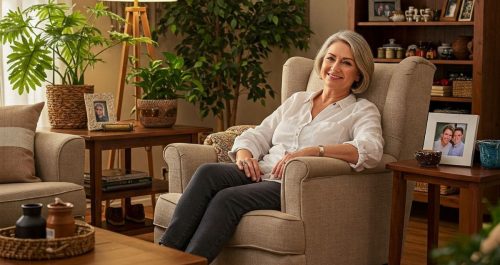 Mulher madura sentada com leve sorriso em sala aconchegante, cercada por plantas, objetos afetivos e luz suave. A imagem transmite pertencimento, memória e harmonia em um lar com identidade.