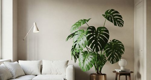 Sala iluminada e minimalista com uma costela-de-adão em destaque. A planta preenche o espaço com leveza e presença, transmitindo a ideia de que um toque natural é suficiente para transformar a energia da casa.