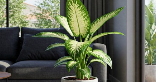 Planta comigo-ninguém-pode em destaque em uma sala moderna com luz natural suave. A imagem transmite força simbólica, elegância e a ideia de que até as plantas mais polêmicas podem se tornar elementos de proteção e estilo no lar.