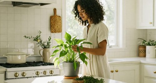 Mulher cuidando de planta em uma cozinha iluminada por luz natural suave. A imagem transmite leveza, conexão com o lar e bem-estar cotidiano — reforçando como um gesto simples pode transformar a rotina.