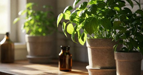 Luz suave atravessa a janela e ilumina uma bancada de madeira rústica com vasos de plantas verdes e pequenas garrafas âmbar ao lado. A atmosfera é acolhedora, com cheiro de memória no ar — uma mistura de calma, natureza e nostalgia viva.