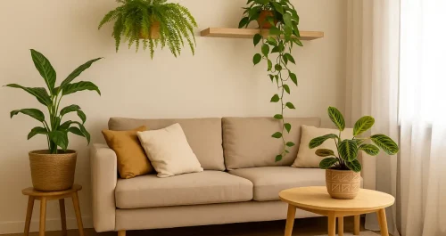 As plantas que trazem aconchego — como samambaia, jiboia e maranta — transformam a sala em um espaço de bem-estar e calor afetivo.