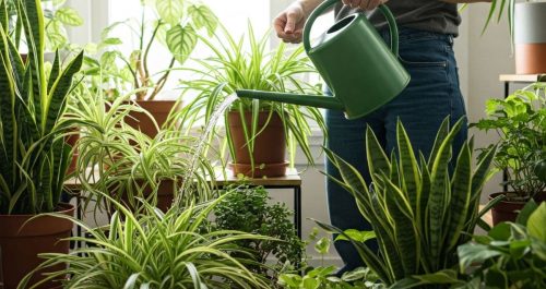 Mulher regando suas plantas em um ambiente interno iluminado, cercada por vasos verdes e saudáveis — momento de cuidado silencioso que transforma a rotina com leveza e presença.