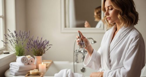 Mulher em roupão branco inicia um ritual calmante no banheiro, segurando um frasco com infusão de lavanda ao lado de uma banheira com velas, toalhas e vasos de lavanda. Cena transmite bem-estar, autocuidado e atmosfera relaxante.